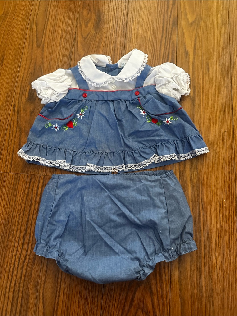 Vintage Blue Embroidered Dress Set with Bloomers